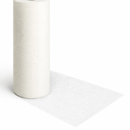 Malla de refuerzo para construcción en rollo, color blanco hueso, con parte desplegada mostrando la textura de la malla sobre fondo blanco