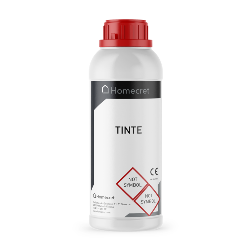 Envase de tinte para microcemento Homecret en botella blanca con tapón rojo y etiqueta frontal