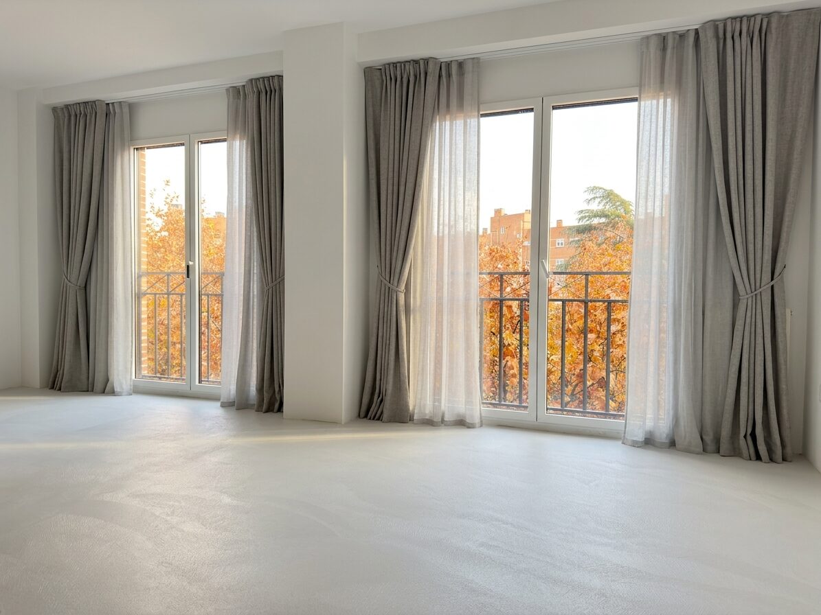 Suelo de microcemento blanco en estancia reformada con ventanales y cortinas grises.